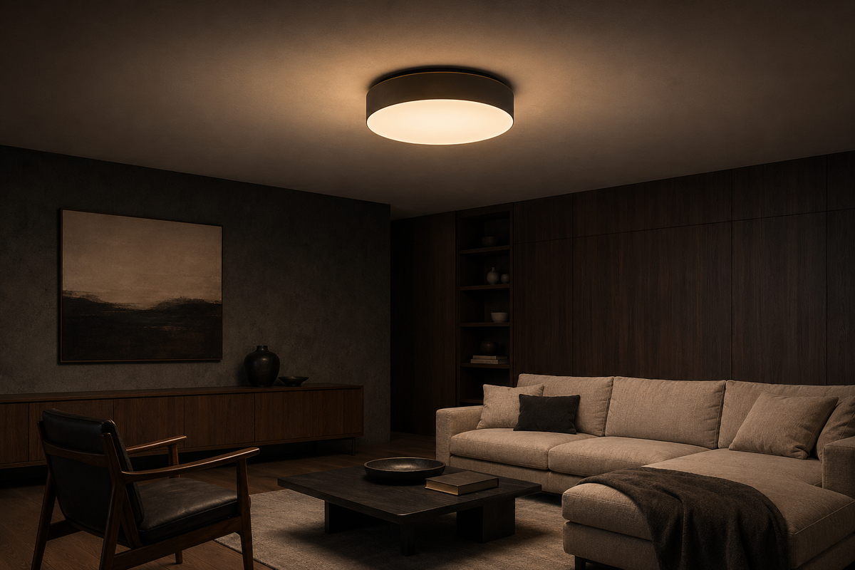 Modern ceiling light illuminating a dark premium room