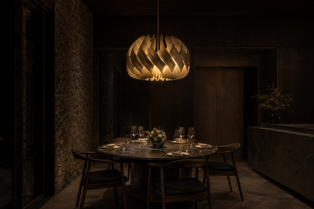 Sculptural hospitality pendant lighting a luxury restaurant table