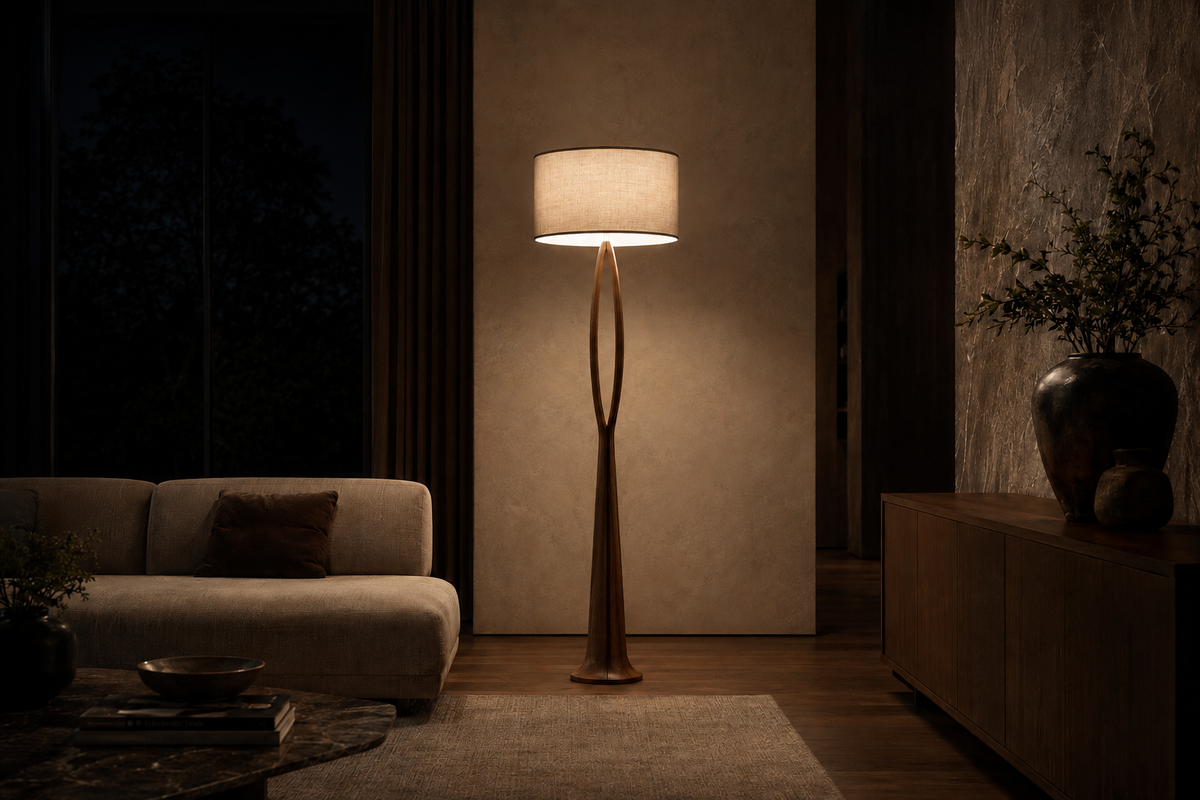 Sculptural floor lamp illuminating a dark premium living room