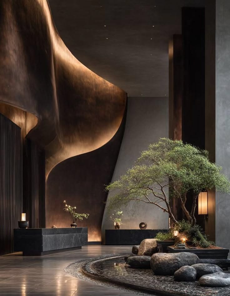 Architectural interior showing layered warm lighting and refined materials