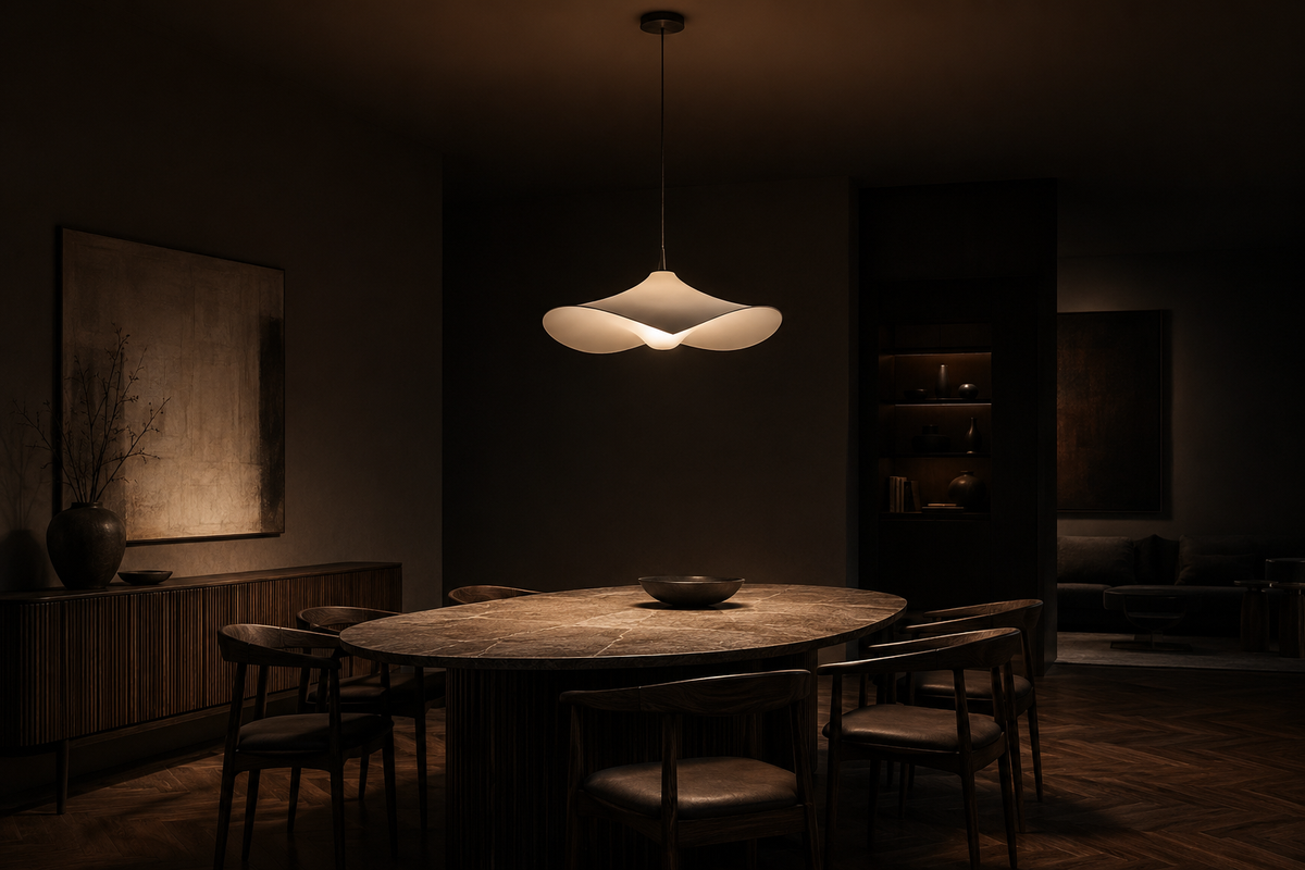 Sculptural pendant light illuminating a dark premium interior